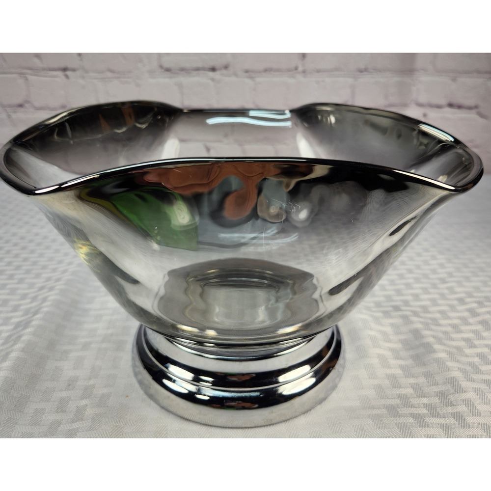 Art Deco Mirrored Smoky Glass Bowl Ruffled Edge Hexagon Panels Metal Base